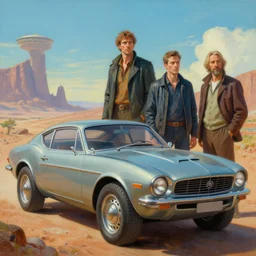 cinematic vehicle in retro scifi landscape, beautiful colours, sharp textures, nikolay georgiev, alex ross, bruce pennington, donato giancola, larry elmore, masterpiece, oils on canvas, trending on artstation, featured on pixiv, cinematic composition, sharp, details, hyper - detailed, hd, hdr, 4 k, 8 k