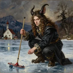 Satan is ice fishing in Bavaria , oil painting, hyper detailed, hyper realistic, by Botticelli, portrait