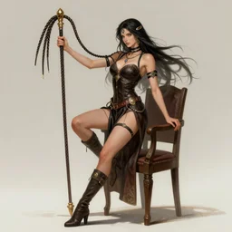 beautiful priestess of loviatar, holding a nine strand whip, wearing leather, dominant pose with leg on a chair, digital art inspired by brom art