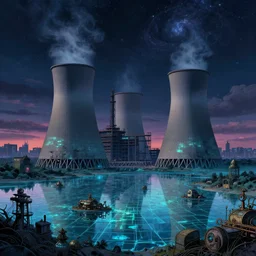 a beautiful hyperdetailed illustration of power plant abandoned by shigeru ban, at night uv light myst at dusk galactic desert retro made of glass lake steampunk liberty city bioshock architecture island studio ghibli nightvision landscape alien cloudy, archdaily, wallpaper, highly detailed, trending on artstation.