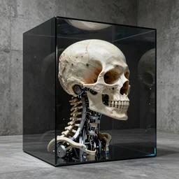 geometric laterally expansive human cranium + spinal cord, exoskeletonized hydraulically actuated valved mechanical rectilinear robotic muscular transmission derailleur with curvy muscular back view neck muscles + head + back stuck in the black crystal cube inside a concrete room, cinematic photo
