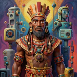 stylish 3 d vfx - drew struzan movie poster - art of an african tribal chief surrounded by technology, art style by james jean & hsiao - ron cheng, unreal engine render, digital illustration, sharp, intricate detail, volumetric lighting, ray tracing, soft light, colourful, claymation style, ernie barnes style, symmetry, acrylic on canvas, pinterest, artstation, beh