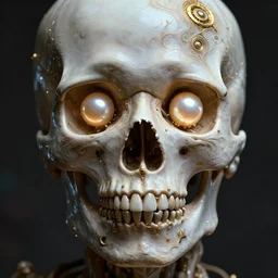 very detailed portrait of skull with pearl sphere gold glowing eyes + melting face skin + 4 k hyper details render + by alex grey + fractal mundelbulb intricate design + dramatic lighting + cinematography photography