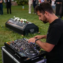 beautiful photograph of electronics music dj at performing at funeral