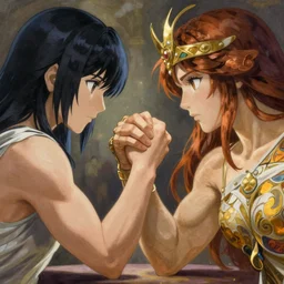an amazon and a valkyrie arm wrestling, kyoto animation still, finely illustrated face, intricately detailed features, digital painting, makoto shinkai, painted by ilya kuvshinov and ross tran and artgerm and alphonse mucha