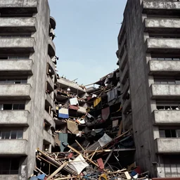 1 9 7 0 s photography, shop wreck between brutalist buildings