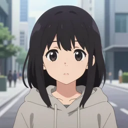 anime visual, illustration portrait of a young black haired girl wearing hoodie on the detailed modern city street background, cute face by yoh yoshinari, katsura masakazu, studio lighting, zoom out, ilya kuvshinov, cel shaded, crisp and sharp, rounded eyes, bright daylight moody