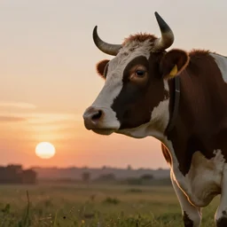 fantasy cow looking at sunset, high detail, fantasy art, concept art, 4 k, ultra detail, computer art