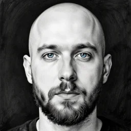 portrait of bald short - bearded man with round face, small eyebrows, wide lips and kind blue eyes, minimalictic black and white art brut, ink, pencil
