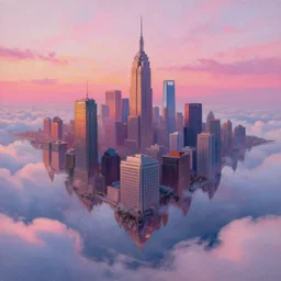 a beautiful city floating in the clouds during a pink sunset, colorful oil painting, dramatic fantasy lighting
