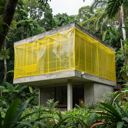 exterior shot of a brutalist concrete house with translucent yellow mesh tarps in a dense jungle