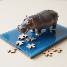 a photo of a model hippo model puzzle, pieces made of wood and resin countertop, blue epoxy resin river countertop, dramatic lighting, studio zeiss 1 5 0 mm f 2. 8 hasselblad, award - winning photo