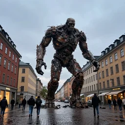 mobile photo of a huge golem creating chaos in the city centre of stockholm, sweden. dusk light after the rain.