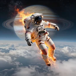 burning astronaut falling through the majestic clouds of jupiter, by cedric peyravernay and feng zhu, highly detailed, excellent composition, cinematic concept art, dramatic lighting, trending on artstation
