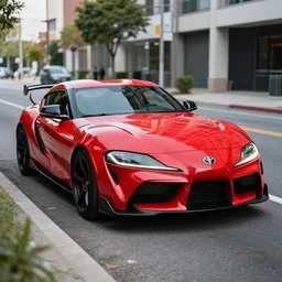 Cannon photo of red Toyota supra made in 2022 front sideview parked on street