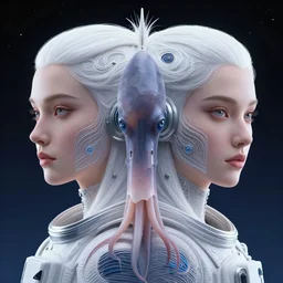 portrait of yael shelbia and kang seul - gi, venus squid astronaut, symetrical facial, white hair, intricate design details. cyberpunk, touareg, by ruan jia and beeple. smooth gradients, deep space.