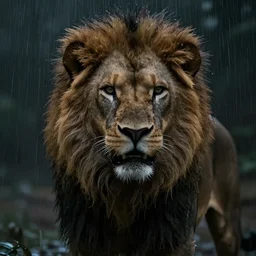 a very detailed of lion aggressive portrait, cyberpunk, dark soft light, raining, night, low light dark, by studio ghibi and peter mohrbacher, close up, movie shot, ultra detailed, photo-real, cyberpunk, desaturated color, dark ambiant, Unreal Engine, octane render, vray, 4k, super wide angle