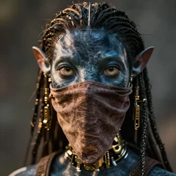 a stunning ultra detailed fantasy fine art portrait photo of a na'vi from avatar movie, by tom bagshaw, artgerm and natalie shau, bandana mask, 3 5 mm lens, golden ratio composition, black skin, deep depth of field, perfect eyes and face, biomechanical robot, gold cybernetic implants, cyberpunk, soft lighting, artstation, 8 k