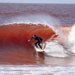 a surfer surfing a big red wave
