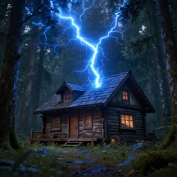 a ultra realistic blue lightning arc over a cabin in the wood. complex, highly detailed, unreal engine 5, 8 k render