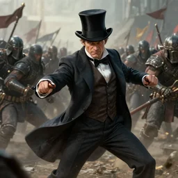 cinematic artwork of middle aged man with a top hat and a fine suit fighting in battle against an army of warriors by greg rutowski, 4 k, fantasy, masterpiece