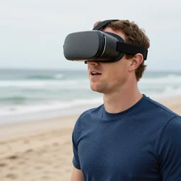mark zuckerberg wearing a vr headset on the beach