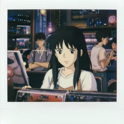 a film still polaroid portrait of a 1 9 8 0's disney girl working at a vinyl stall, finely detailed features, closeup at the faces, perfect art, busy cyberpunk city, gapmoe yandere grimdark, trending on pixiv fanbox, painted by ilya kushinov makoto shinkai takashi takeuchi studio ghibli, akihiko yoshida, pixar