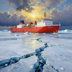 a surreal colourful painting of arctic ice breaker going through ice field with epic cracks