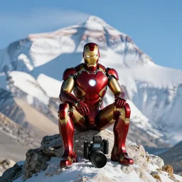 an iron man is sitting on the peak of mount everest, clear focus, bokeh effect, high res, hasselblad, dslr, award winning
