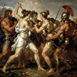 muscular warrior women, amazonian warrior women, women fighting men, muscular men, spartan warrior men, clashing in bloody field, art by jacques - louis david