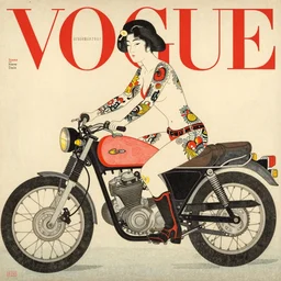 modern american super model with full body tattoos riding a motorcycle with boots, painted by hiroshi yoshida, woodblock print, 1 8 th century japanese art, wood print, beautiful colour, vogue magazine cover title
