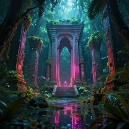 neon ancient ruins in the jungle, artstation, volumetric light, high detail, reflections, perfect, concept art, hdr, 4 k