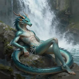 beautiful portrait commission of a slender dragon relaxing by a waterfall, digital painting, artstation, art by Jaime Jones