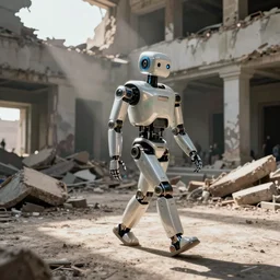 color video footage, a robot walking in the bombed museum,