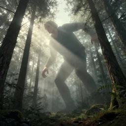 editorial illustration by karolis strautniekas and mads berg, forest exterior giant person looming over trees, fog, fine texture, detailed, muted colors, dramatic lighting, dynamic composition, vivid, matte print, wide angle, ( ( sunbeams ) ), moody