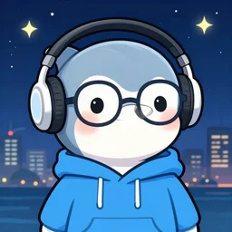 A high resolution anime-style cute art profile picture headshot of a dolphin wearing glasses, headphones and a blue hoodie standing in front of a starry night skyline