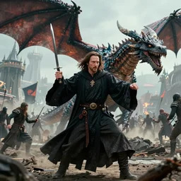 keanu reeves dressed in wizard robes fighting a dragon on a fantasy battlefield