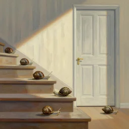 snails on the stairs and door in style of vilhelm hammershoi, botanical illustration