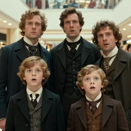 sharp, highly detailed, 65mm film, high quality frame scan from a sci fi blockbuster color movie made in 2019, a family of four time travelers from 1860 travel in time to 2019, appearing in a shopping mall, looking surprised, the family are all wearing 1860s era clothes, good lighting, in focus, cinematic still, high quality scan, in focus, 35mm lens, detailed eyes, realistic faces and details, oscar winner, award winning lighting, award winning photography, ultra high definition