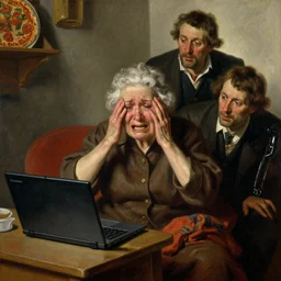 built physique elderly cyborg weeping desperate grandma trying to figure out how to order an online pizza sitting in her small room glaring at her lenovo thinkpad laptop t 4 1 0 8 gb ram norman rockwell rembrandt vermeer giotto jamie wyeth greg rutkowski winslow homer thomas eakins lucian freud edward hopper j. m. w. turner oil painting anachronistic realism