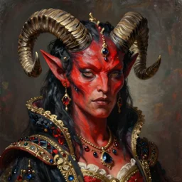 painted close - up portrait of a very attractive red - skinned intimidating demon cyborg queen with ram horns! oil painting, wearing a noblewoman's outfit, fantasy art by john singer sargent and gaston bussiere and james jean and greg rutkowski, demon noble character design, hd