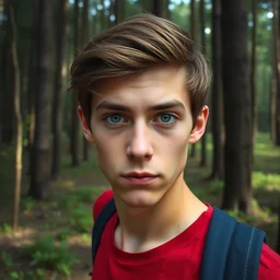 walking in forest, dark shaped eyes, detailed face, portrait, male teenager, brown hair, red shirt, blue jeans, realistic photo.
