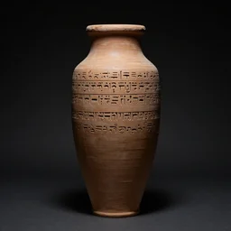 a full realistic photo of a tall and thin cylindrical clay scroll jar with two sentences of nabatean aramaic, dark, brooding, atmospheric, volume lighting