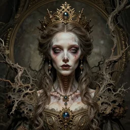 a beautiful detailed front view portrait of a dead rotten princess with ornate growing around, ornamentation, elegant, beautifully soft lit, by wayne barlowe, peter mohrbacher, kelly mckernan