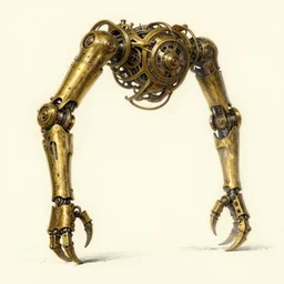 distant full - body drawing of a brass mechanical arms with claws, concept art by ian miller, artstation, sots art, steampunk, clockwork, structural frame, concept art, da vinci, greg rutkowski