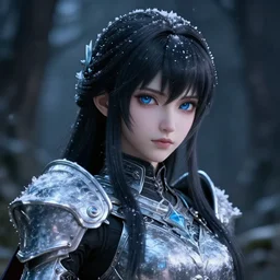 focus face portrait of beautiful darkness knight 3D anime girl, icy armor wearing, dark forest background, snowing, bokeh, inspired by Masami Kurumada, digital painting, high contrast, unreal engine render, volumetric lighting, high détail