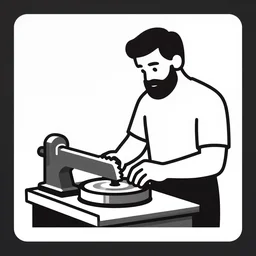 bearded man using woodlathe, machinery, sawblade border, vector art, simple, clean, monochromatic, woodturning