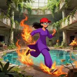 character art by ruan jia, young hyderabadi female wearing wayfarer glasses and red baseball hat and purple clothes running away from an abandoned mall, on fire, fire powers, abandoned mall in the 1 9 8 0 s, taken over by nature, covered in vines, dream pool