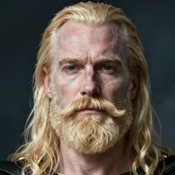 photograph of a blond male, middle aged balding superhero, with dark blue eyes, very pale skin and a blond full beard