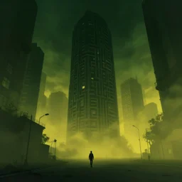 249. Dark City. Labyrinth. Highrise. Walking through the streets with no direction in mind. Escape not possible. Mist. Dark sky. Colorscheme dark green, dark yellow. Gradient. Low angle wide shot. Artstation
